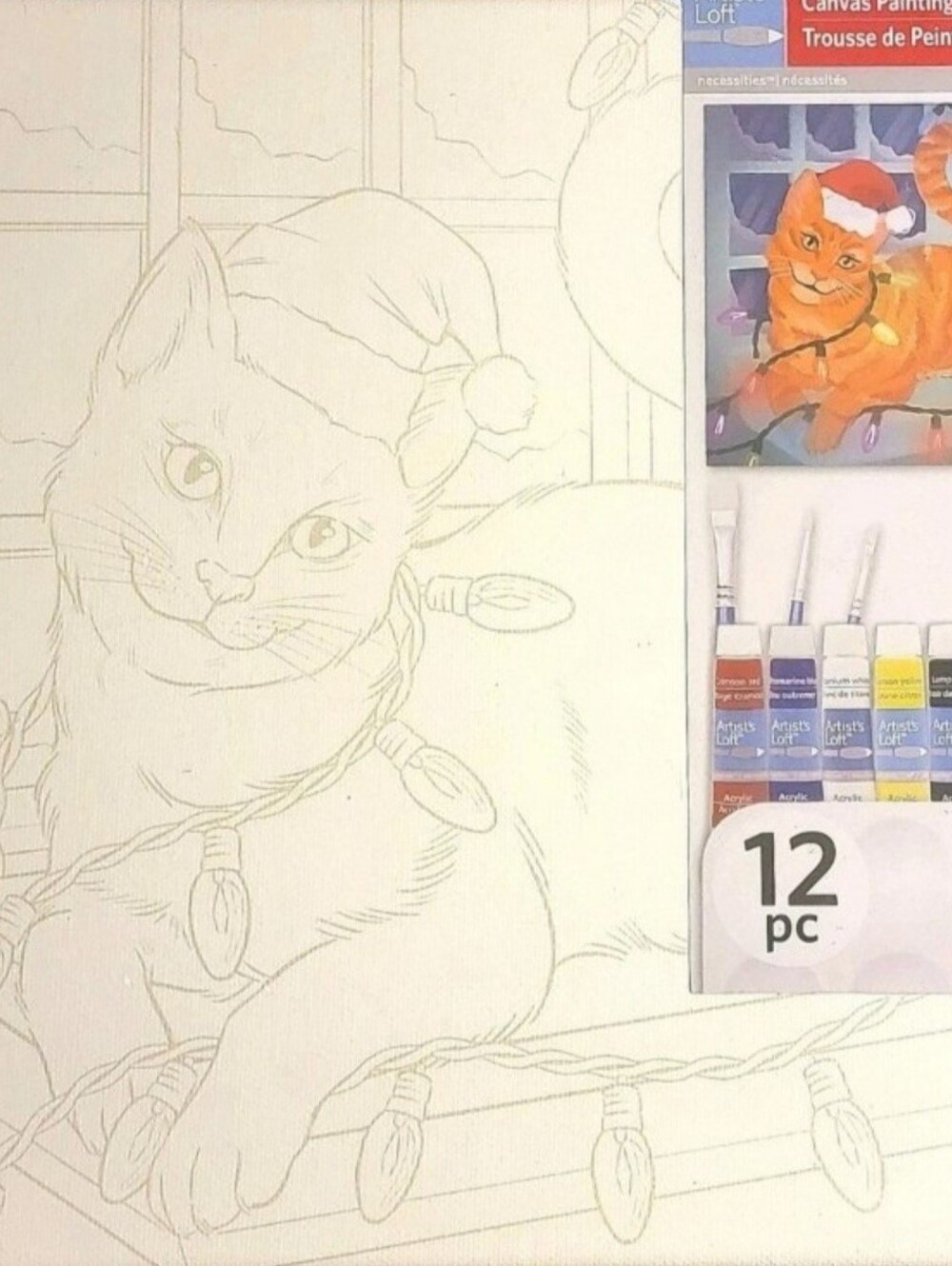 Artists Loft Santa Hat Cat wrapped in Christmas Lights Canvas Acrylic Paint Kit